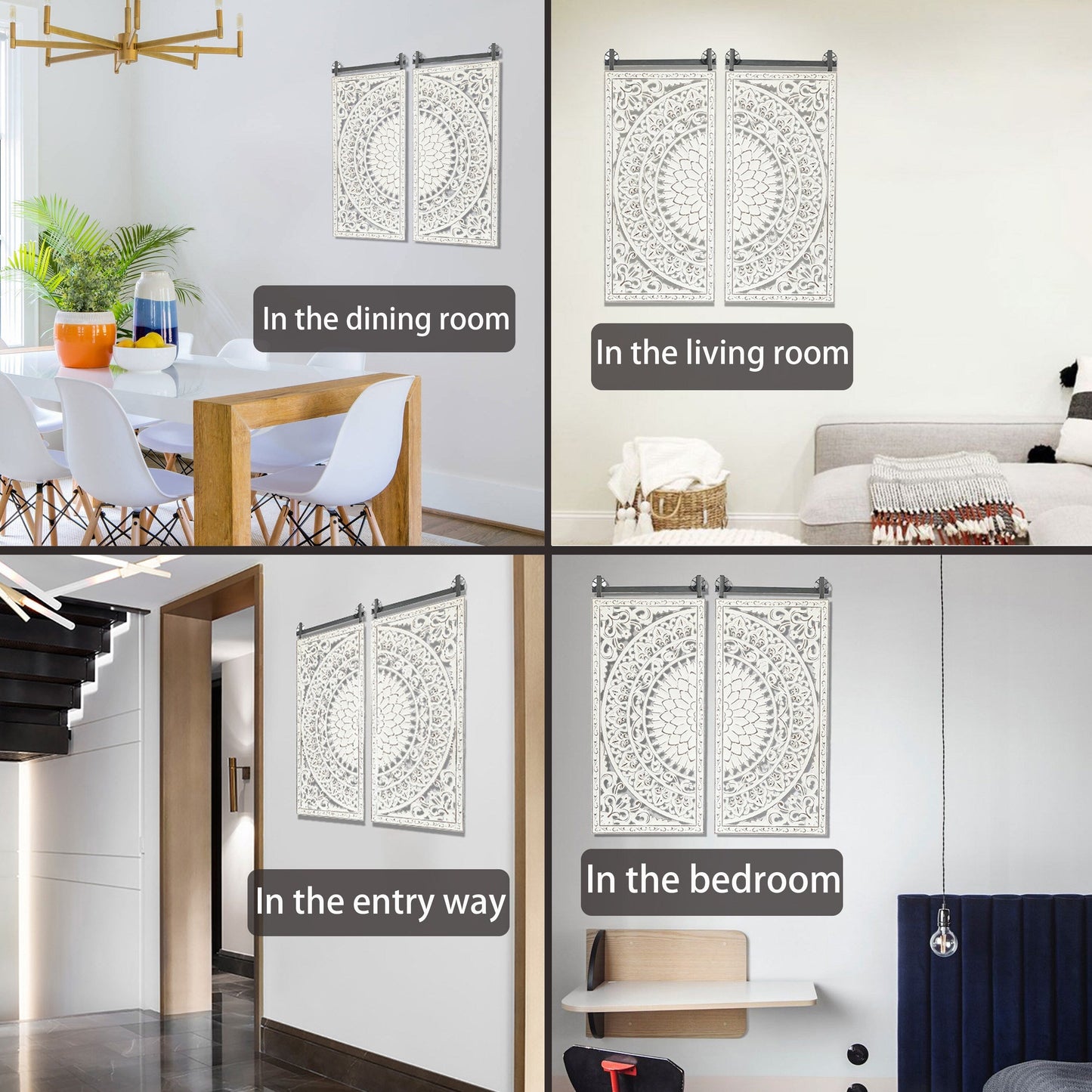 Decorazione murale in legno bianco avorio anticato con fiori e dettagli neri (set da 2)