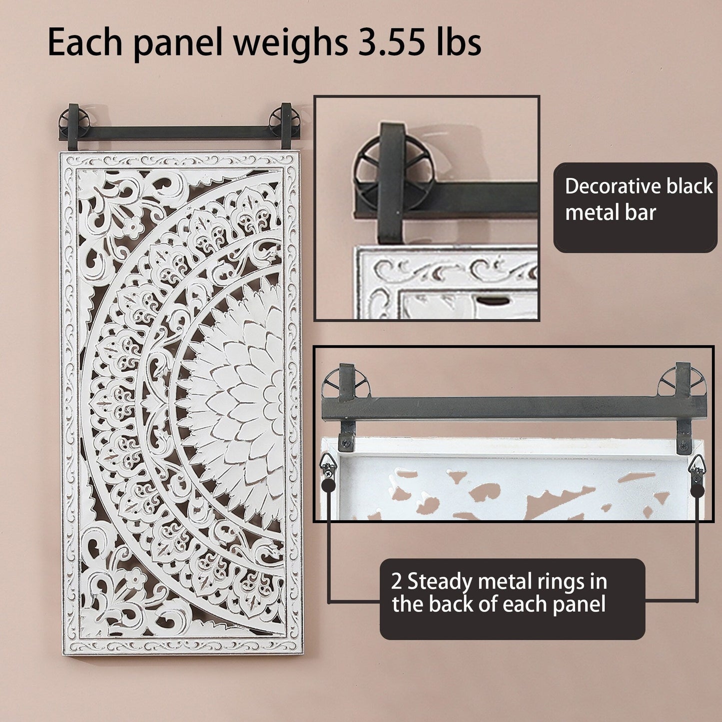 Decorazione murale in legno bianco avorio anticato con fiori e dettagli neri (set da 2)