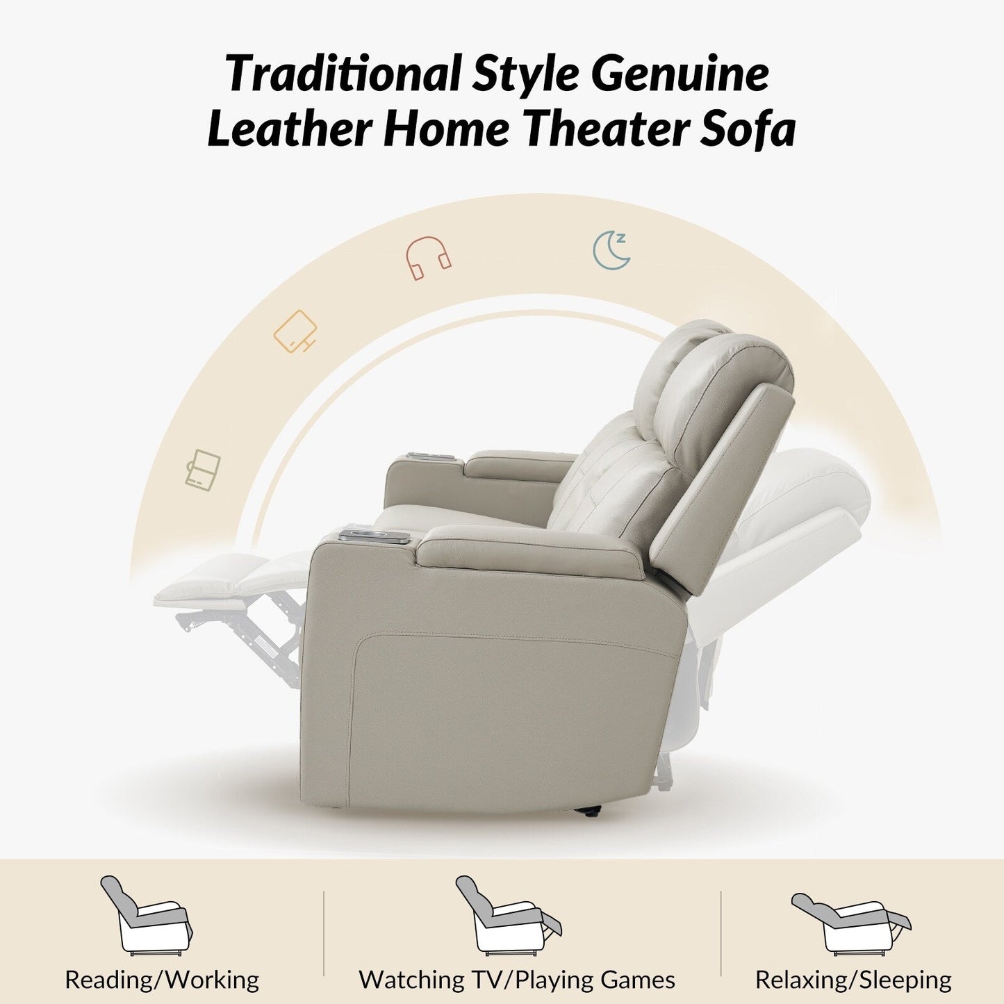 Divano reclinabile elettrico Dolores 82,5 in vera pelle con contenitore e portabicchieri di HULALA HOME