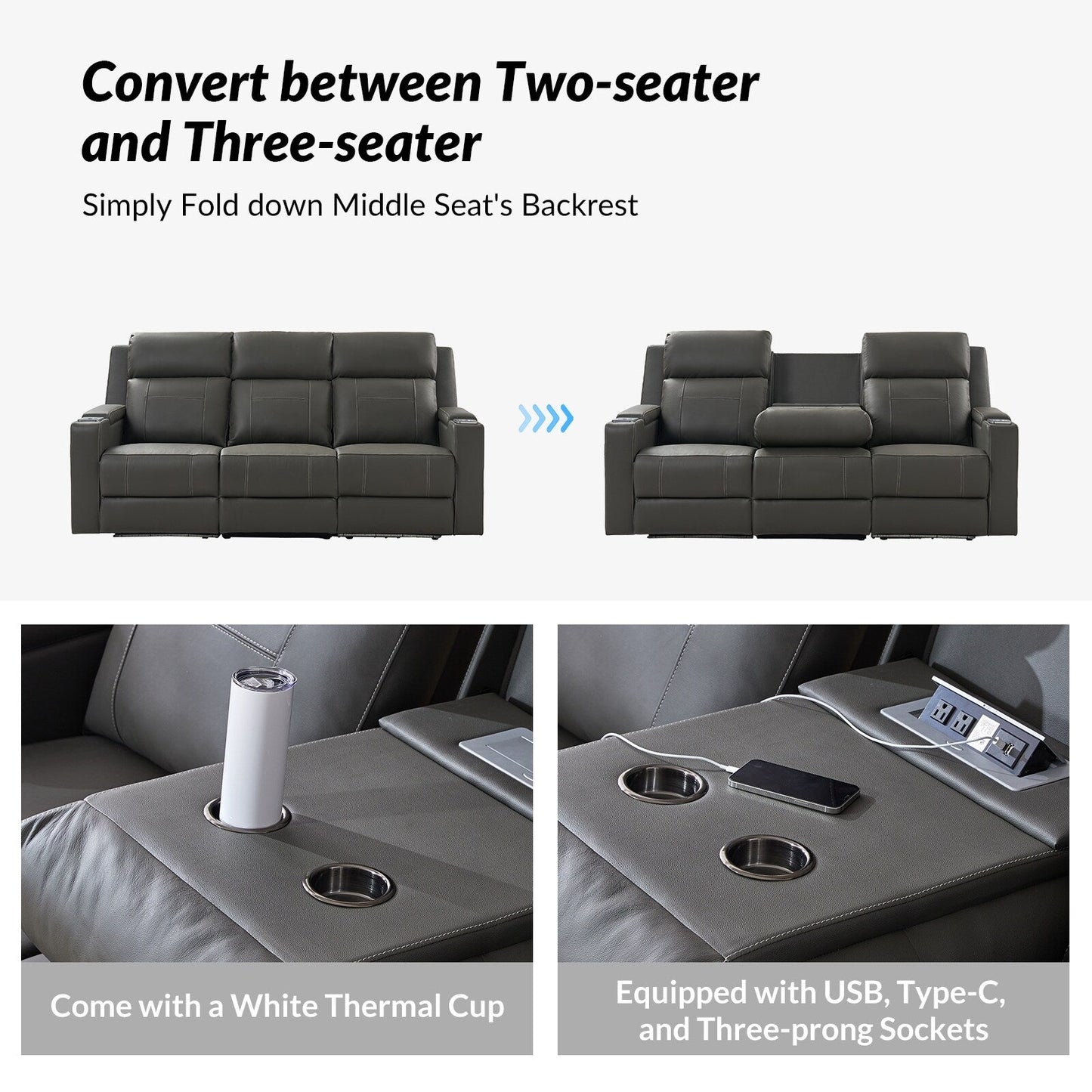 Divano reclinabile elettrico Dolores 82,5 in vera pelle con contenitore e portabicchieri di HULALA HOME