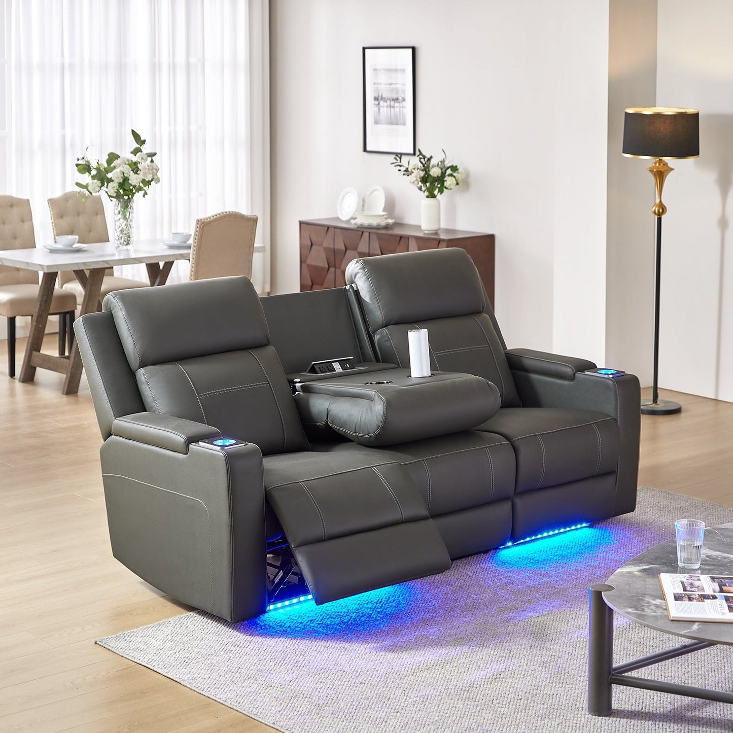 Divano reclinabile elettrico Dolores 82,5 in vera pelle con contenitore e portabicchieri di HULALA HOME