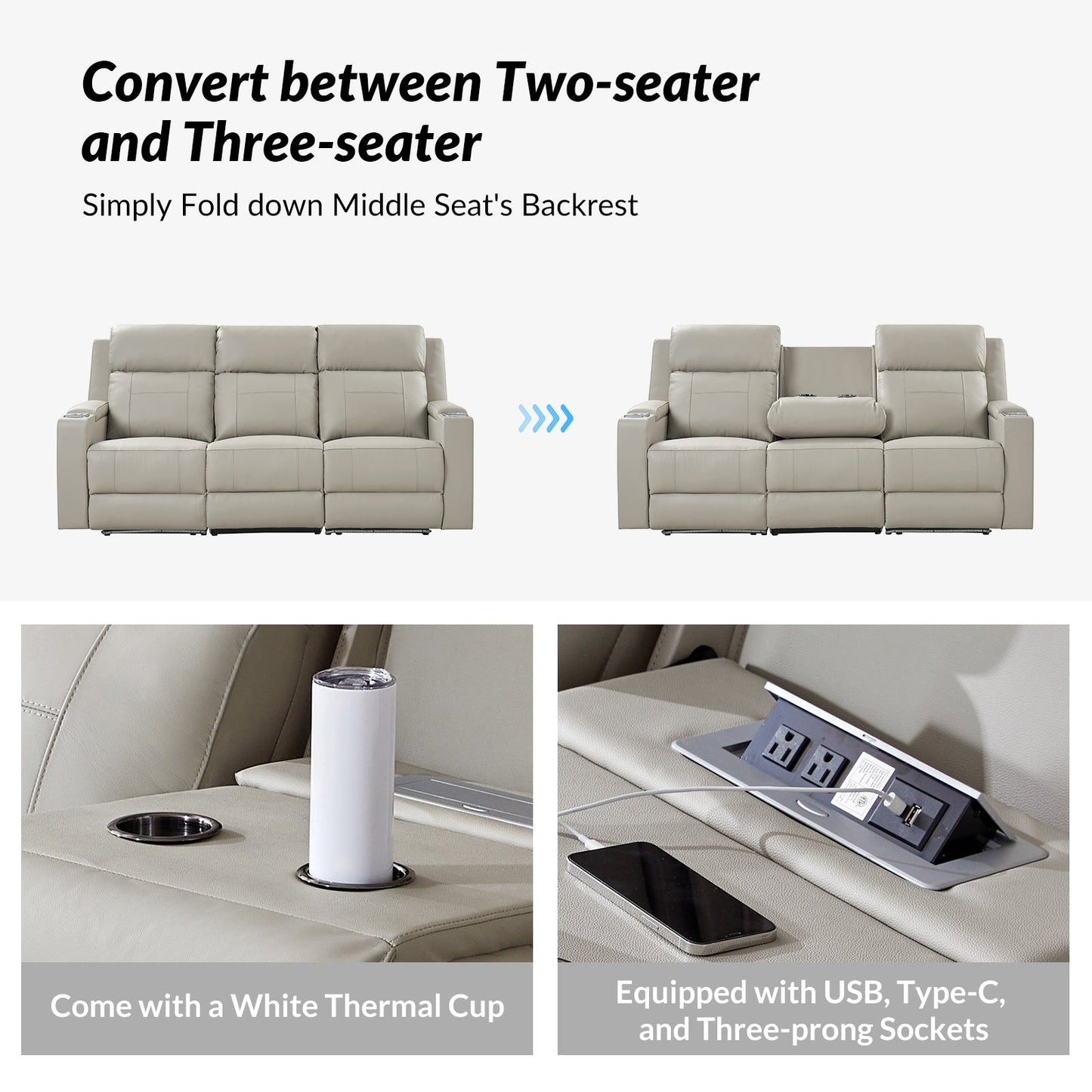 Divano reclinabile elettrico Dolores 82,5 in vera pelle con contenitore e portabicchieri di HULALA HOME