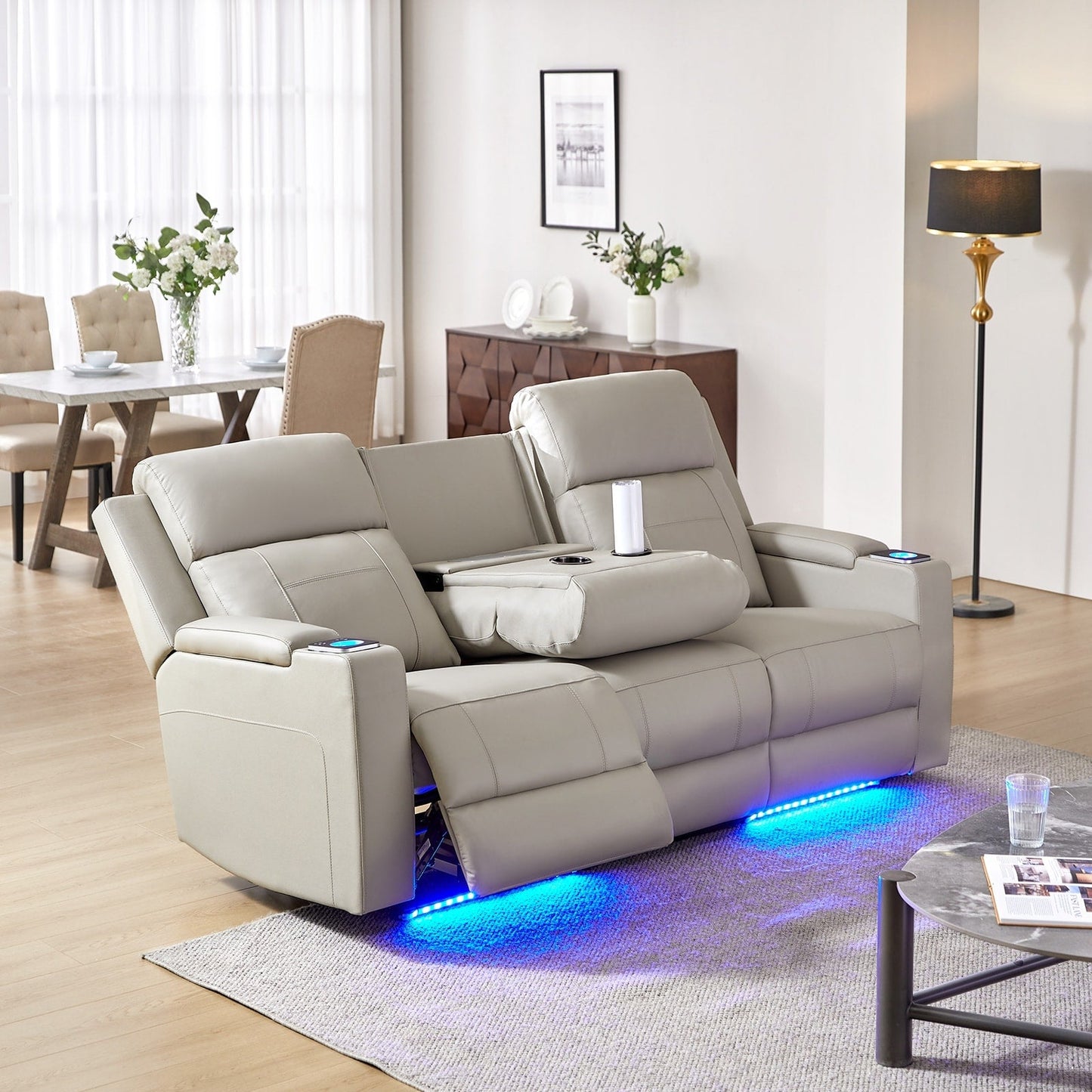 Divano reclinabile elettrico Dolores 82,5 in vera pelle con contenitore e portabicchieri di HULALA HOME