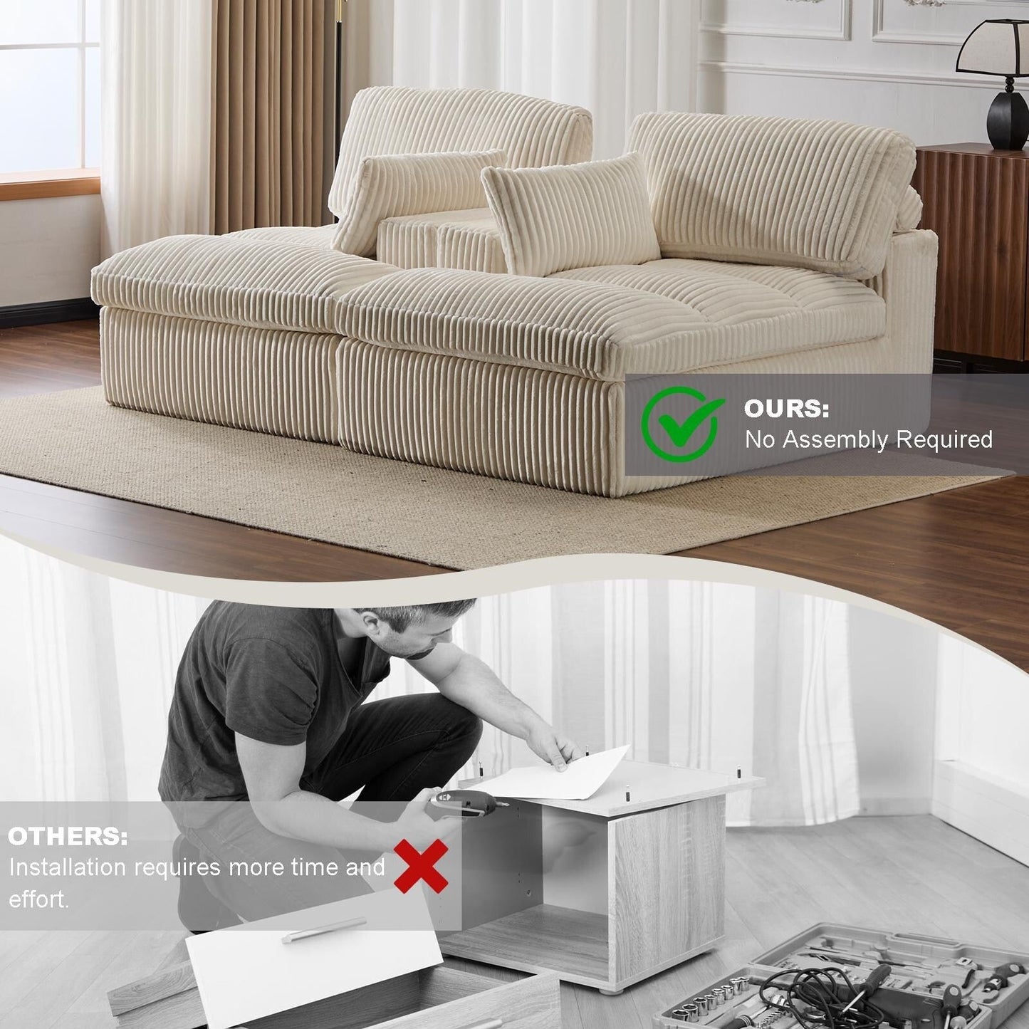 Poltrona chaise longue doppia, divano letto imbottito di grandi dimensioni, poltrona componibile in velluto a coste per soggiorno, senza montaggio