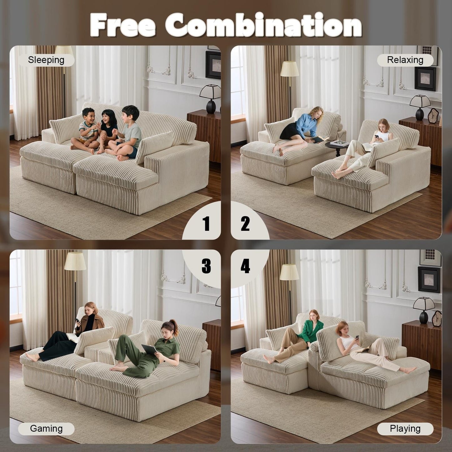 Poltrona chaise longue doppia, divano letto imbottito di grandi dimensioni, poltrona componibile in velluto a coste per soggiorno, senza montaggio