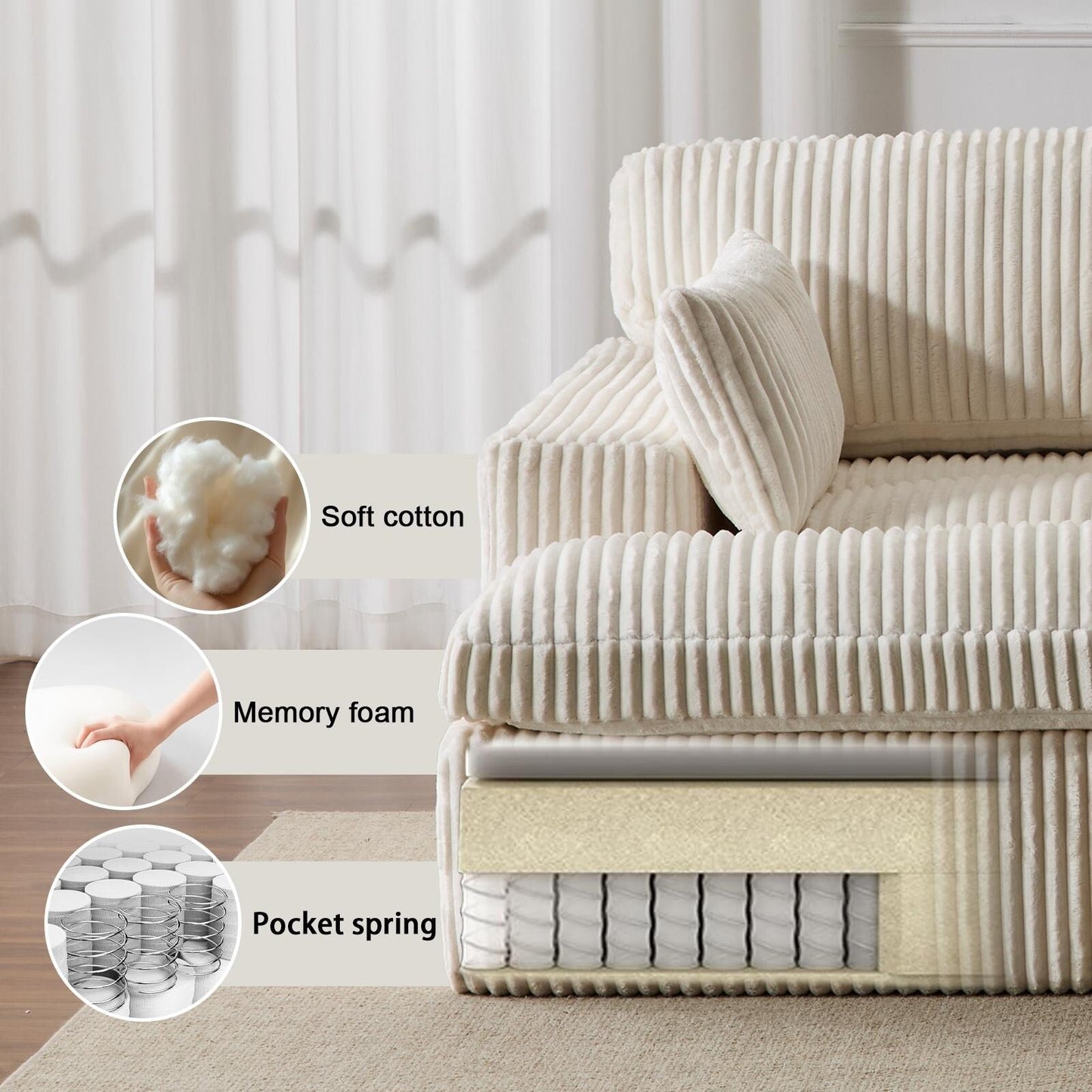 Poltrona chaise longue doppia, divano letto imbottito di grandi dimensioni, poltrona componibile in velluto a coste per soggiorno, senza montaggio