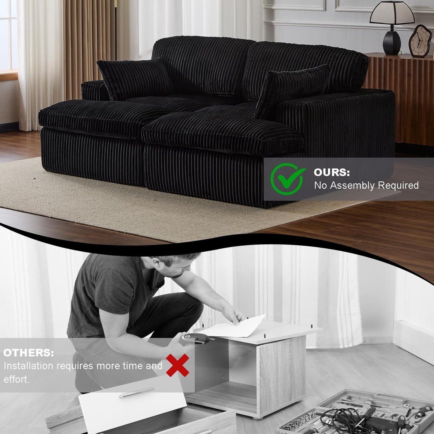 Poltrona chaise longue doppia, divano letto imbottito di grandi dimensioni, poltrona componibile in velluto a coste per soggiorno, senza montaggio