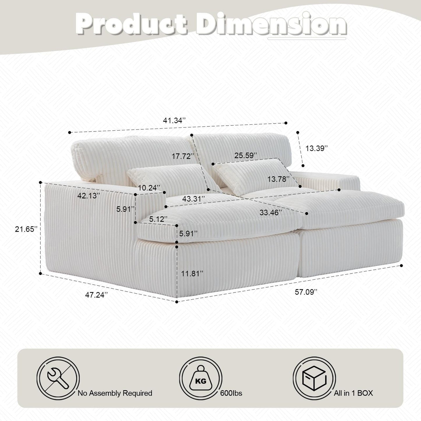 Poltrona chaise longue doppia, divano letto imbottito di grandi dimensioni, poltrona componibile in velluto a coste per soggiorno, senza montaggio