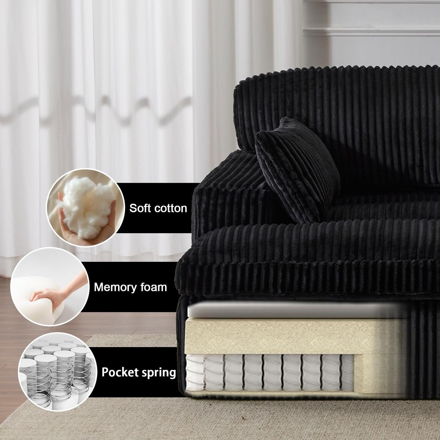 Poltrona chaise longue doppia, divano letto imbottito di grandi dimensioni, poltrona componibile in velluto a coste per soggiorno, senza montaggio