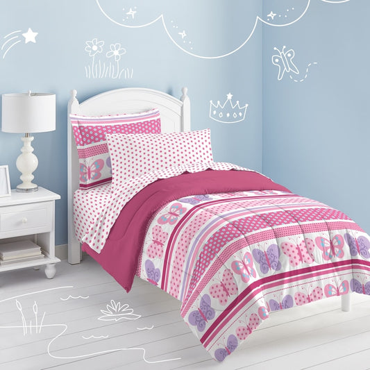 Dream Factory Butterfly Dots Pink - Set letto in sacco a pelo da 7 pezzi con lenzuola