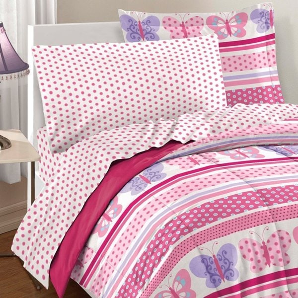 Dream Factory Butterfly Dots Pink - Set letto in sacco a pelo da 7 pezzi con lenzuola