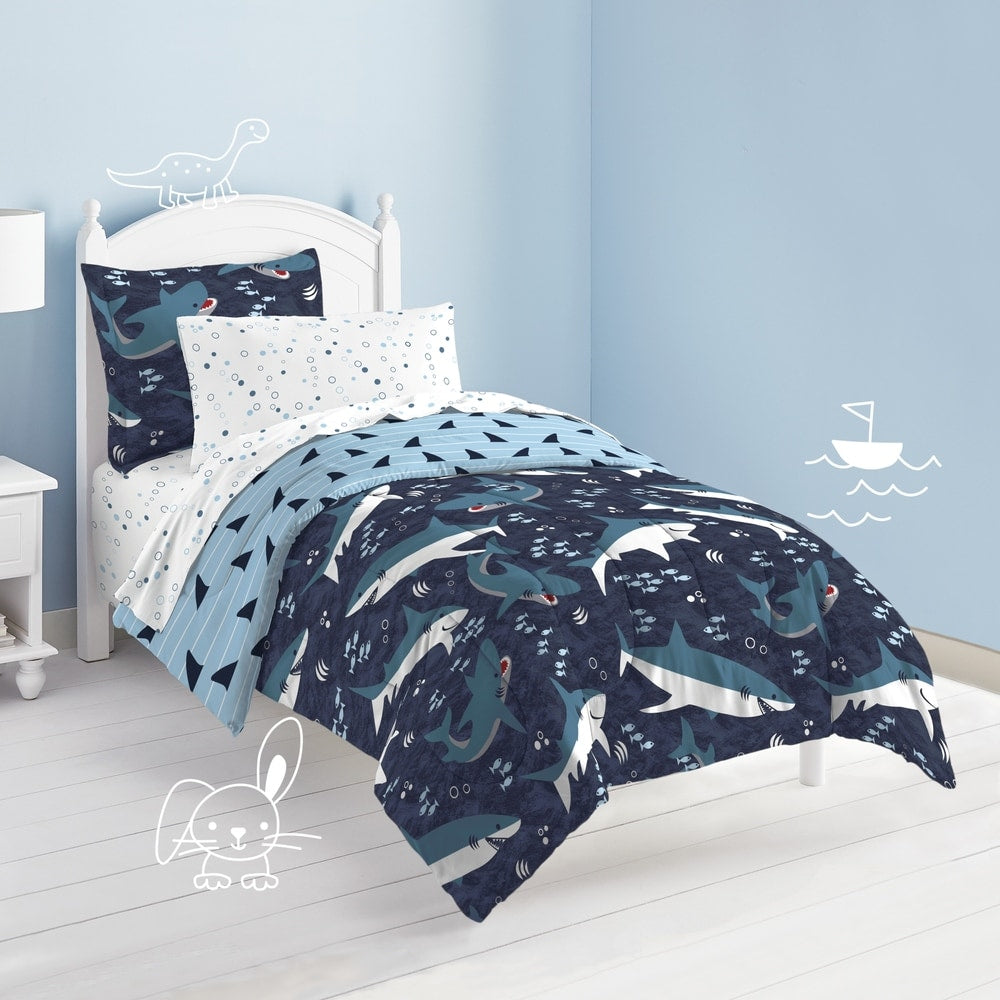 Dream Factory Sharks - Letto in microfibra in borsa con set di lenzuola