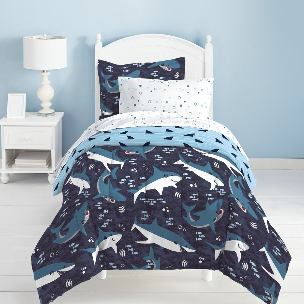 Dream Factory Sharks - Letto in microfibra in borsa con set di lenzuola