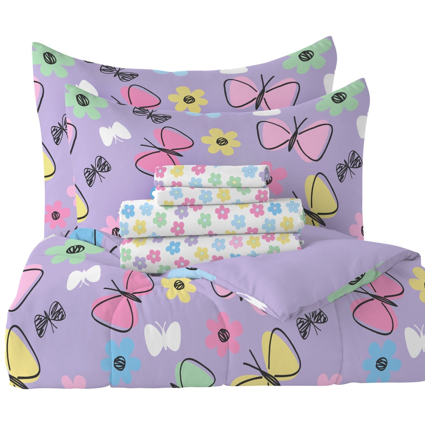 Dream Factory Sweet Butterfly - Set letto in sacco a pelo da 7 pezzi con lenzuola