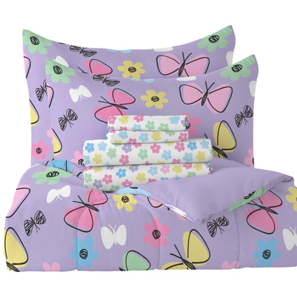 Dream Factory Sweet Butterfly - Set letto in sacco a pelo da 7 pezzi con lenzuola