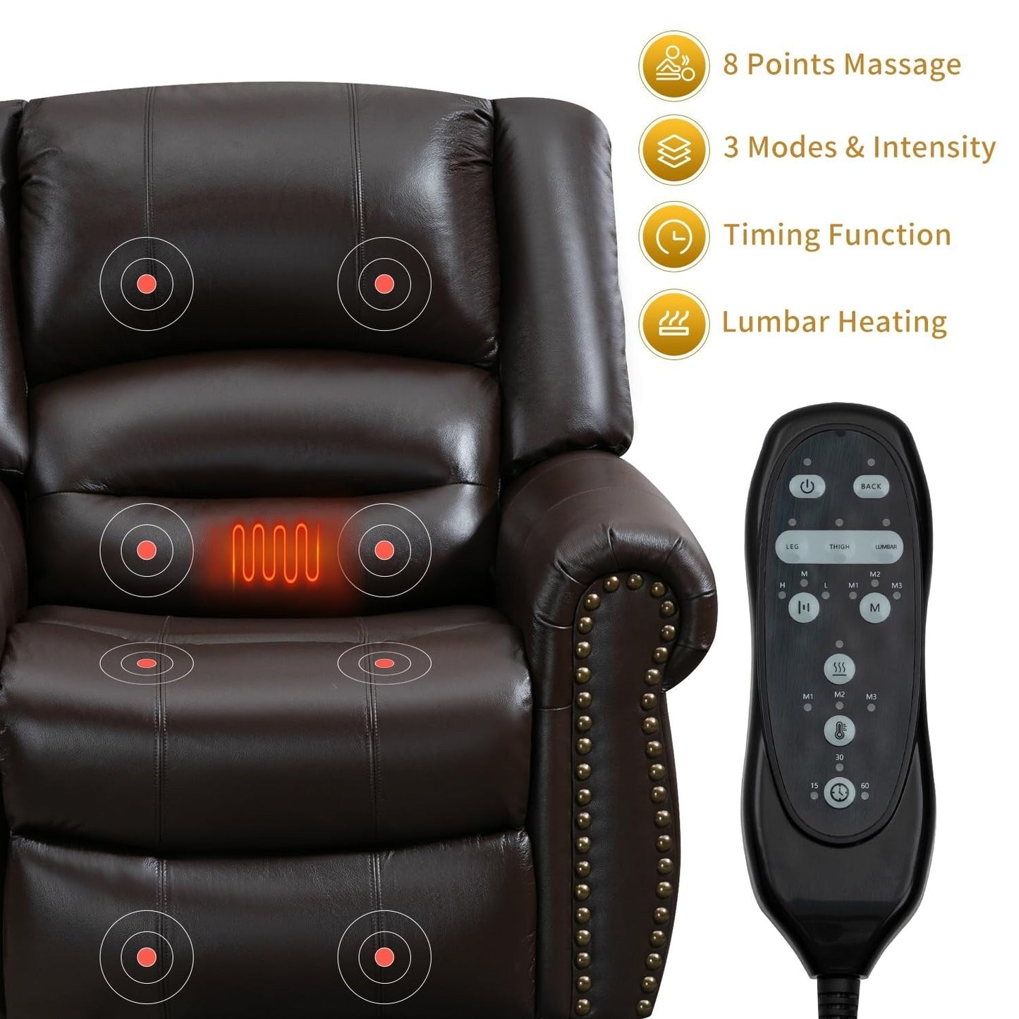 Poltrone reclinabili con doppio motore in vera pelle, massaggio termico, porte USB