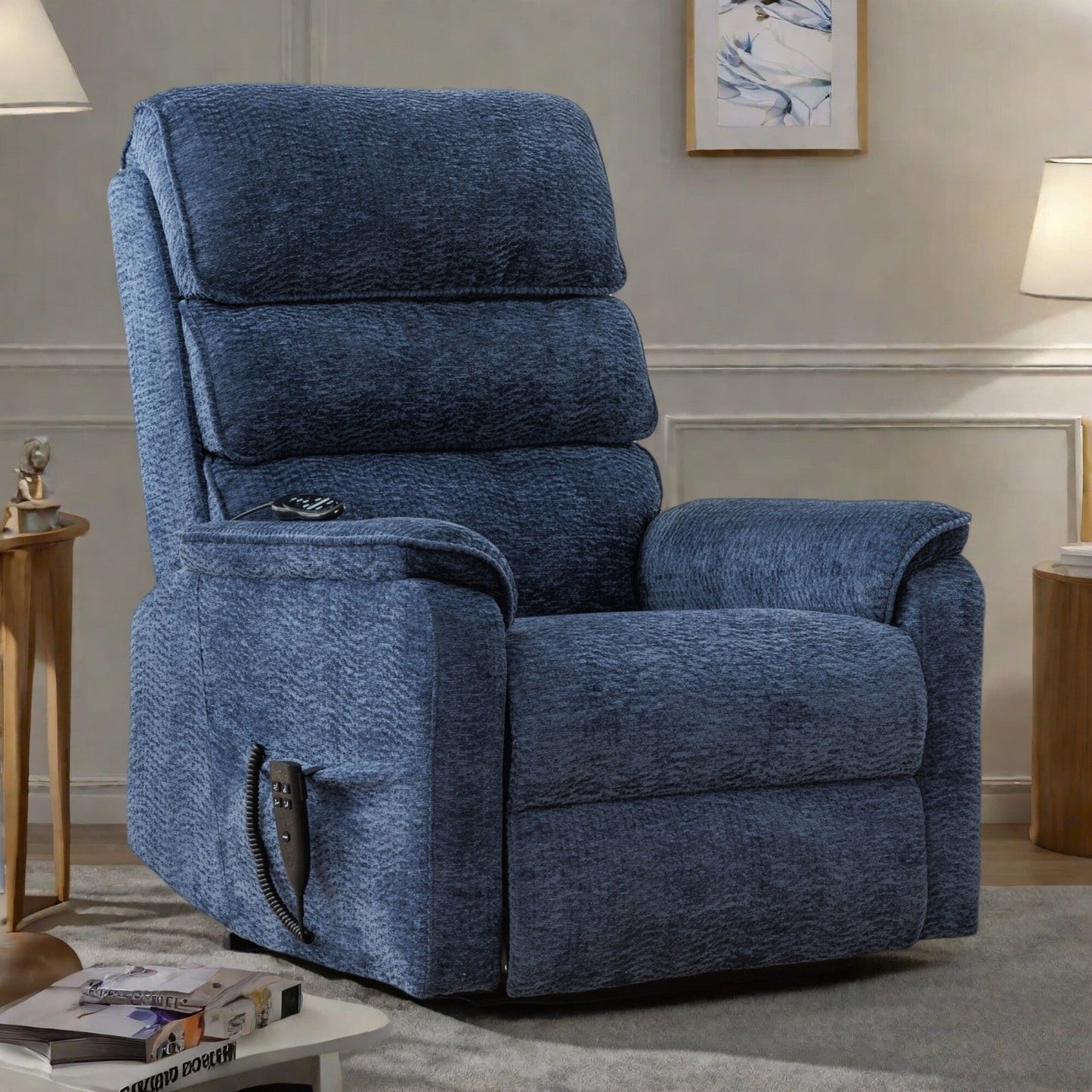 Poltrona reclinabile elettrica a doppio motore con massaggio e riscaldamento lombare - Tessuto in ciniglia, reclinazione elettrica