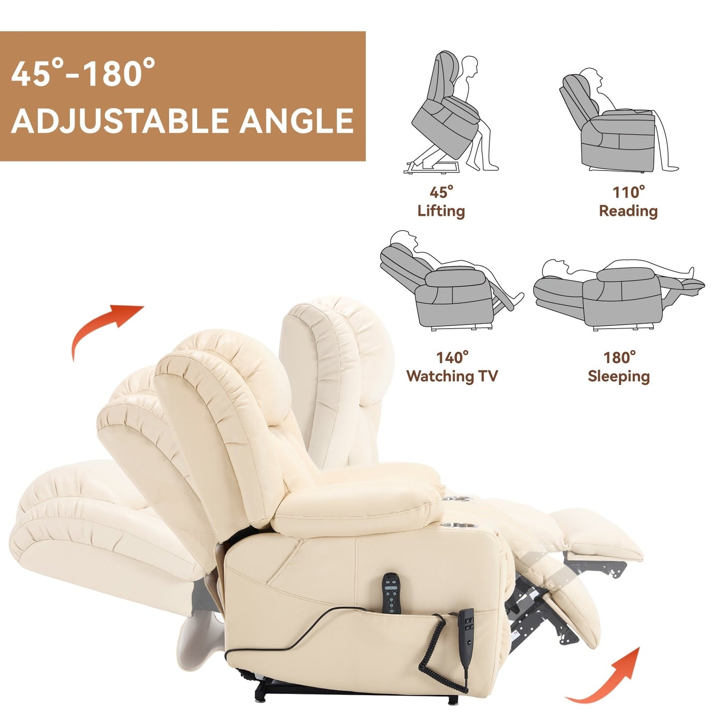 Poltrona reclinabile elettrica a doppio motore, con massaggio a 8 punti e riscaldamento lombare, portabicchieri in acciaio inossidabile