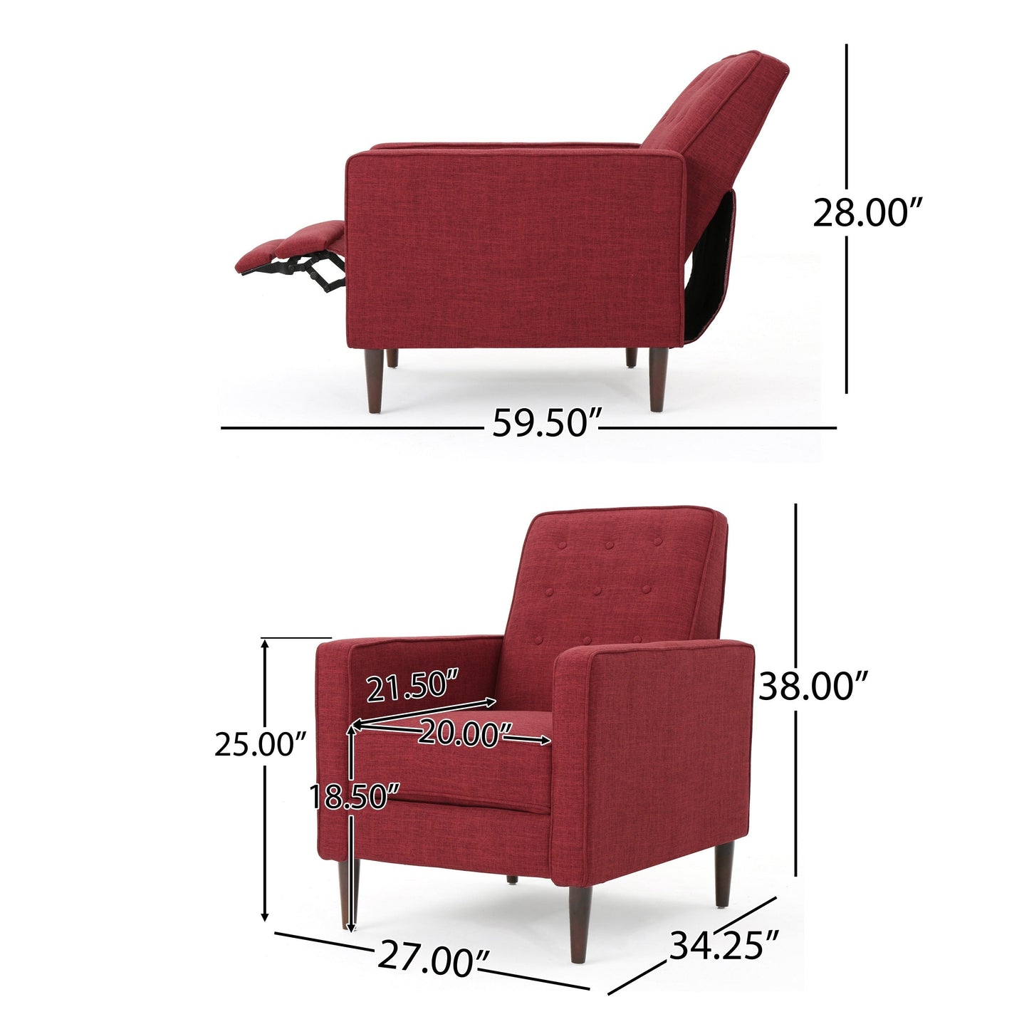 Poltrona reclinabile manuale Dupe, design con bottoni trapuntati, poliestere rosso