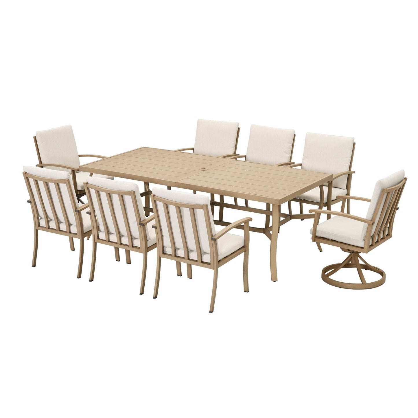 Set da pranzo per patio in alluminio EGEIROS LIFE AluLux da 9 pezzi con 2 sedie da pranzo girevoli, 6 sedie da pranzo e cuscini lavabili