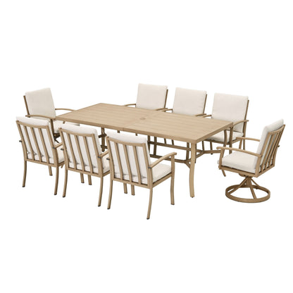 Set da pranzo per patio in alluminio EGEIROS LIFE AluLux da 9 pezzi con 2 sedie da pranzo girevoli, 6 sedie da pranzo e cuscini lavabili