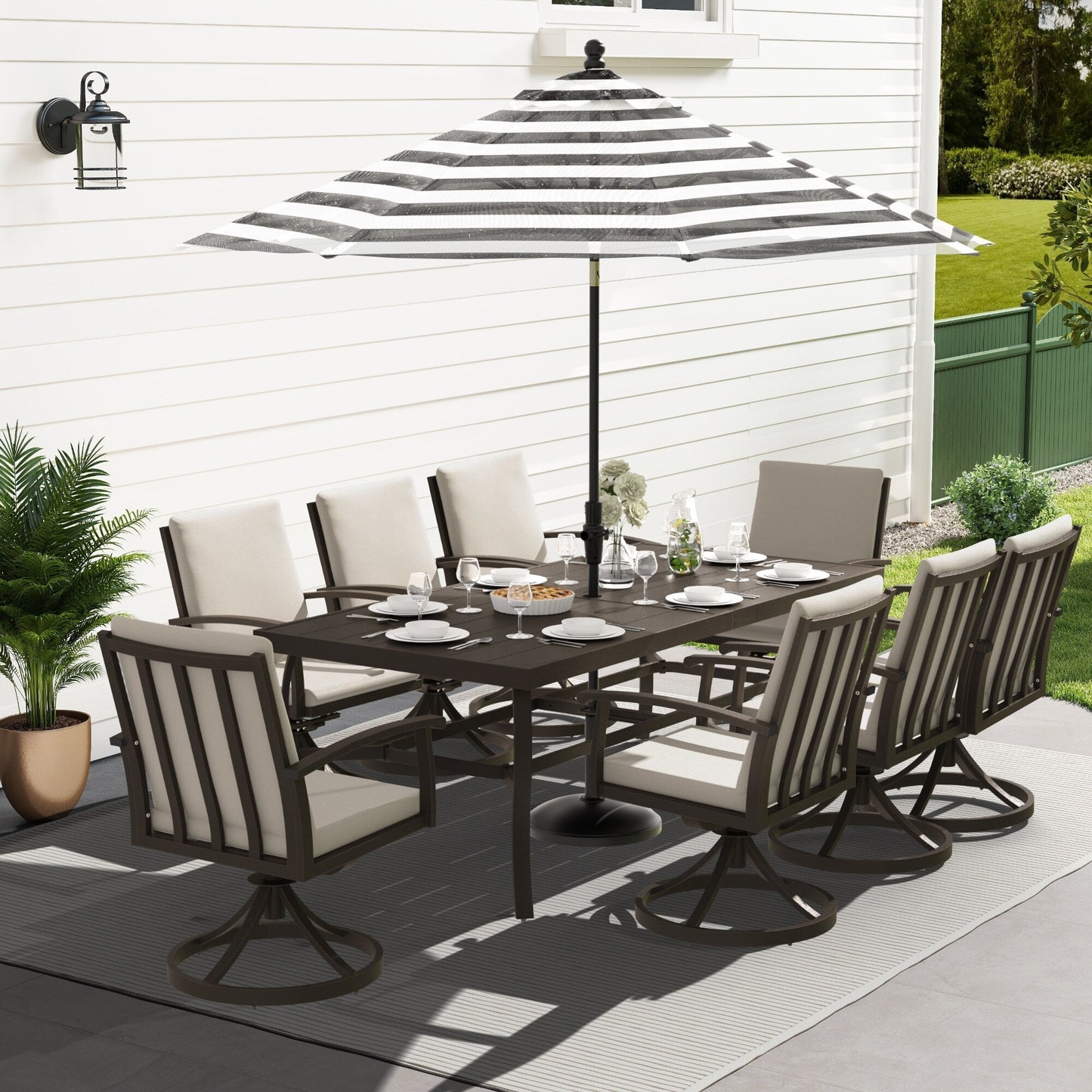 Set da pranzo per patio in alluminio EGEIROS LIFE AluLux da 9 pezzi con 8 sedie da pranzo girevoli e cuscini lavabili
