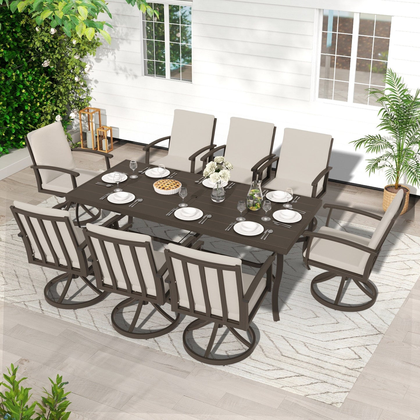 Set da pranzo per patio in alluminio EGEIROS LIFE AluLux da 9 pezzi con 8 sedie da pranzo girevoli e cuscini lavabili