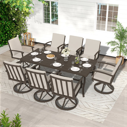 Set da pranzo per patio in alluminio EGEIROS LIFE AluLux da 9 pezzi con 8 sedie da pranzo girevoli e cuscini lavabili