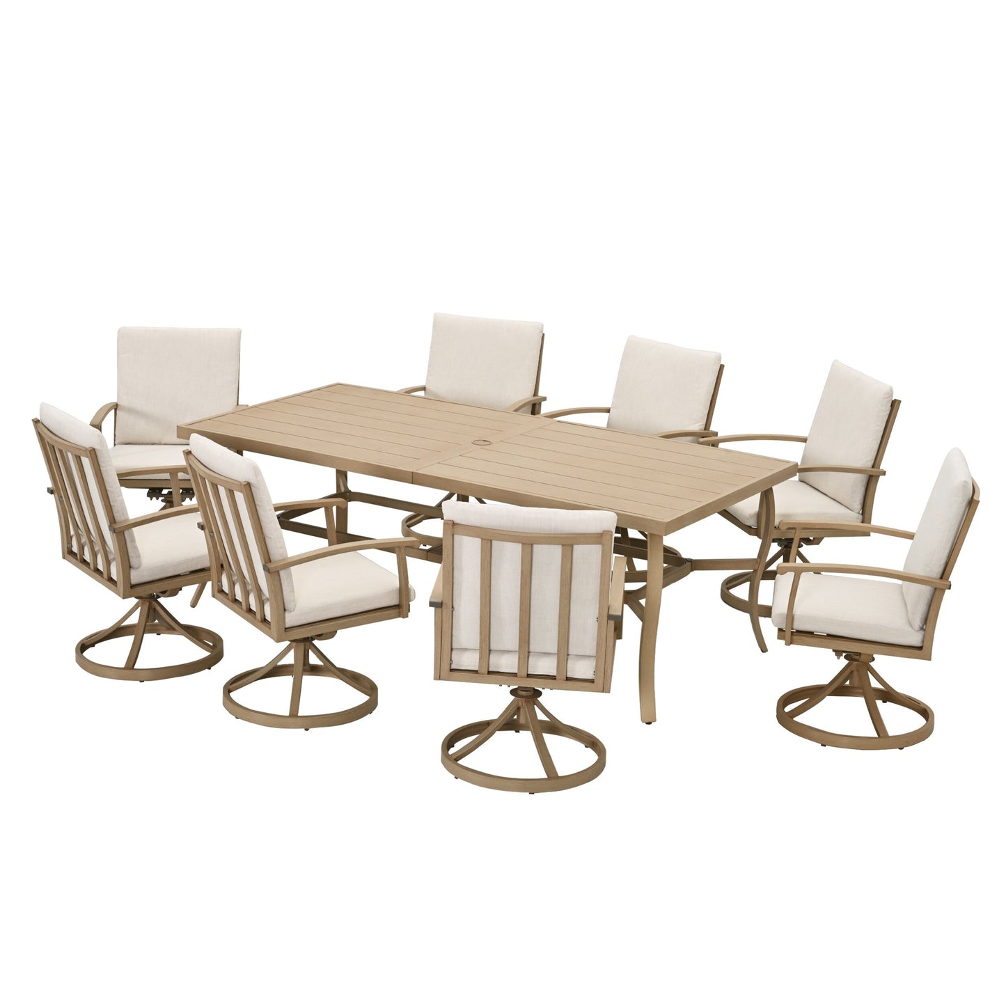 Set da pranzo per patio in alluminio EGEIROS LIFE AluLux da 9 pezzi con 8 sedie da pranzo girevoli e cuscini lavabili
