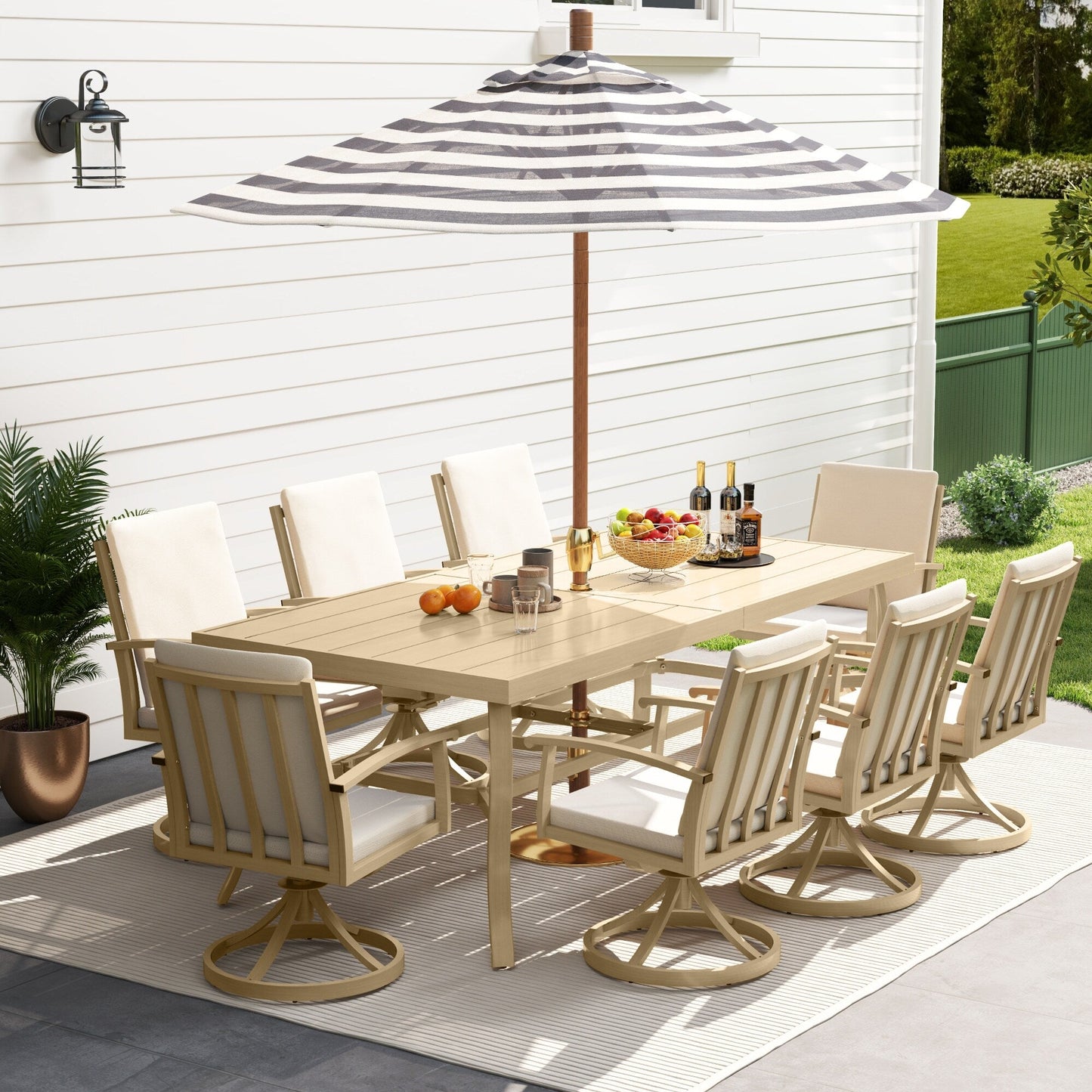 Set da pranzo per patio in alluminio EGEIROS LIFE AluLux da 9 pezzi con 8 sedie da pranzo girevoli e cuscini lavabili