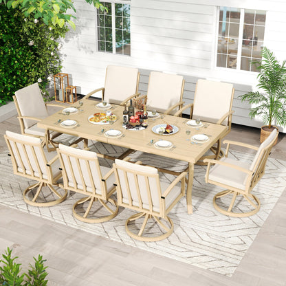 Set da pranzo per patio in alluminio EGEIROS LIFE AluLux da 9 pezzi con 8 sedie da pranzo girevoli e cuscini lavabili