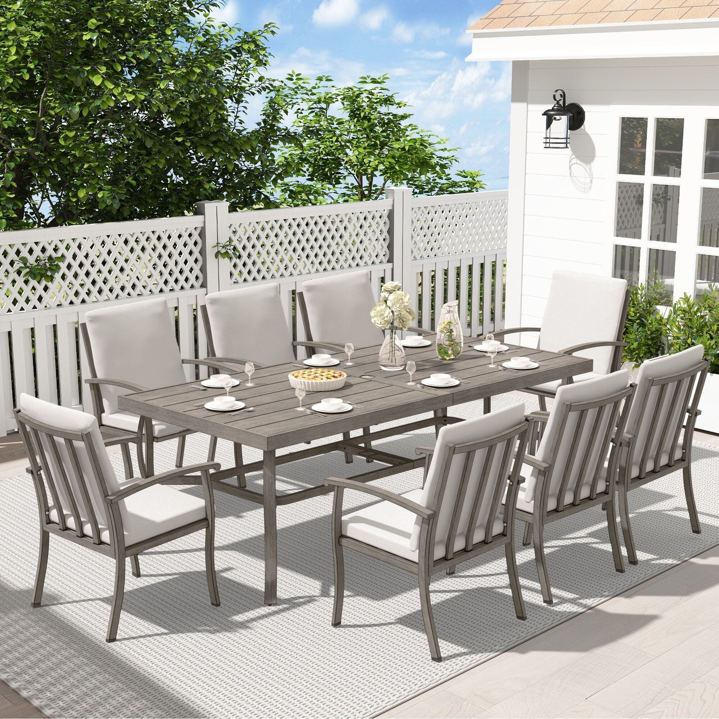 Set da pranzo per patio in alluminio EGEIROS LIFE AluLux da 9 pezzi con cuscini lavabili