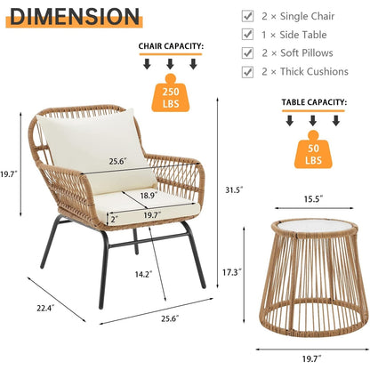 Set da conversazione per patio EROMMY da 3 pezzi con tavolo in vetro e 2 poltrone, cuscini per seduta