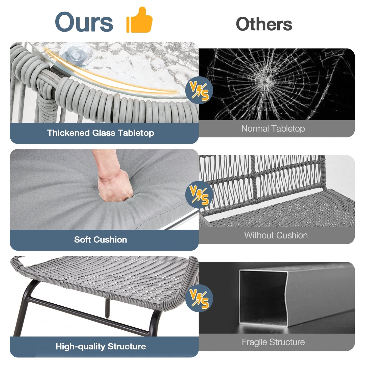 Set da conversazione per patio EROMMY da 3 pezzi con tavolo in vetro e 2 poltrone, cuscini per seduta