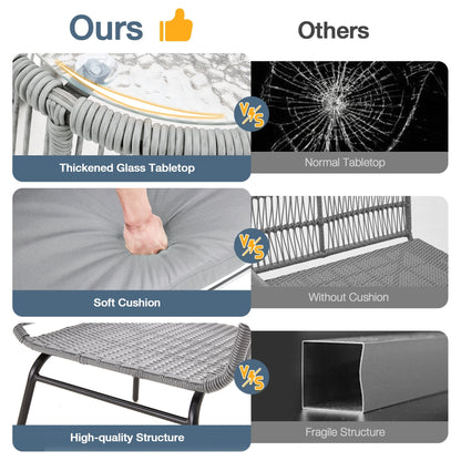 Set da conversazione per patio EROMMY da 3 pezzi con tavolo in vetro e 2 poltrone, cuscini per seduta