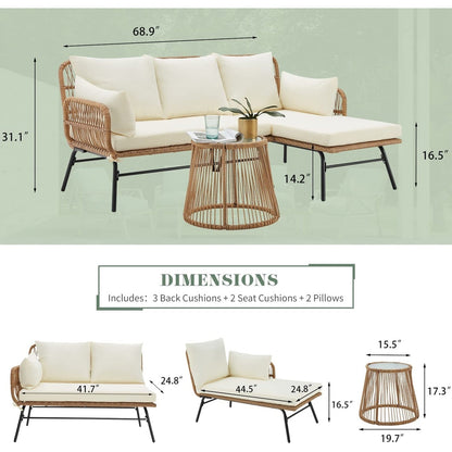 Set da conversazione per patio EROMMY da 3 pezzi con tavolo in vetro e 2 poltrone, cuscini per seduta