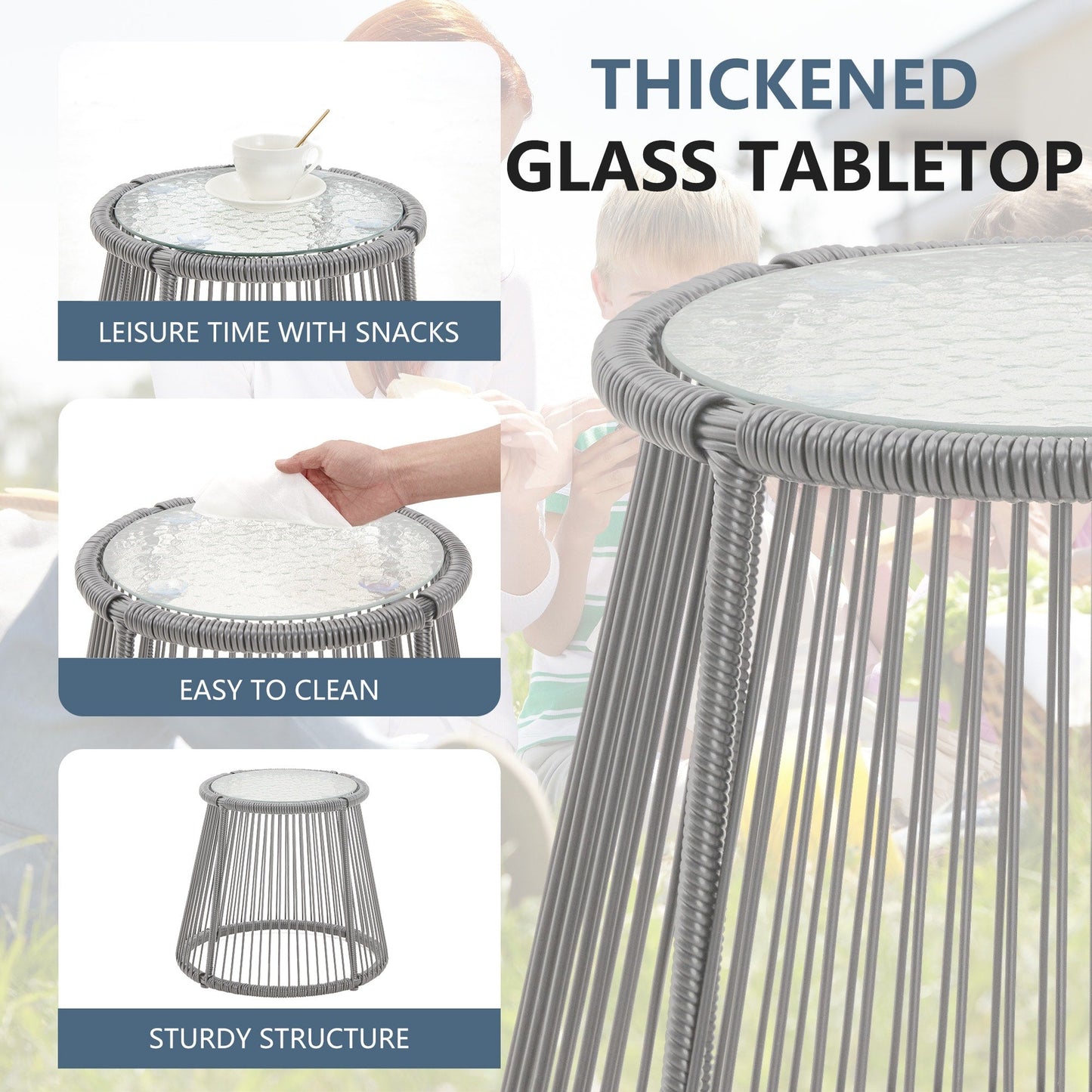 Set da conversazione per patio EROMMY da 3 pezzi con tavolo in vetro e 2 poltrone, cuscini per seduta