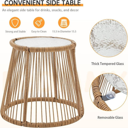 Set da conversazione per patio EROMMY da 3 pezzi con tavolo in vetro e 2 poltrone, cuscini per seduta