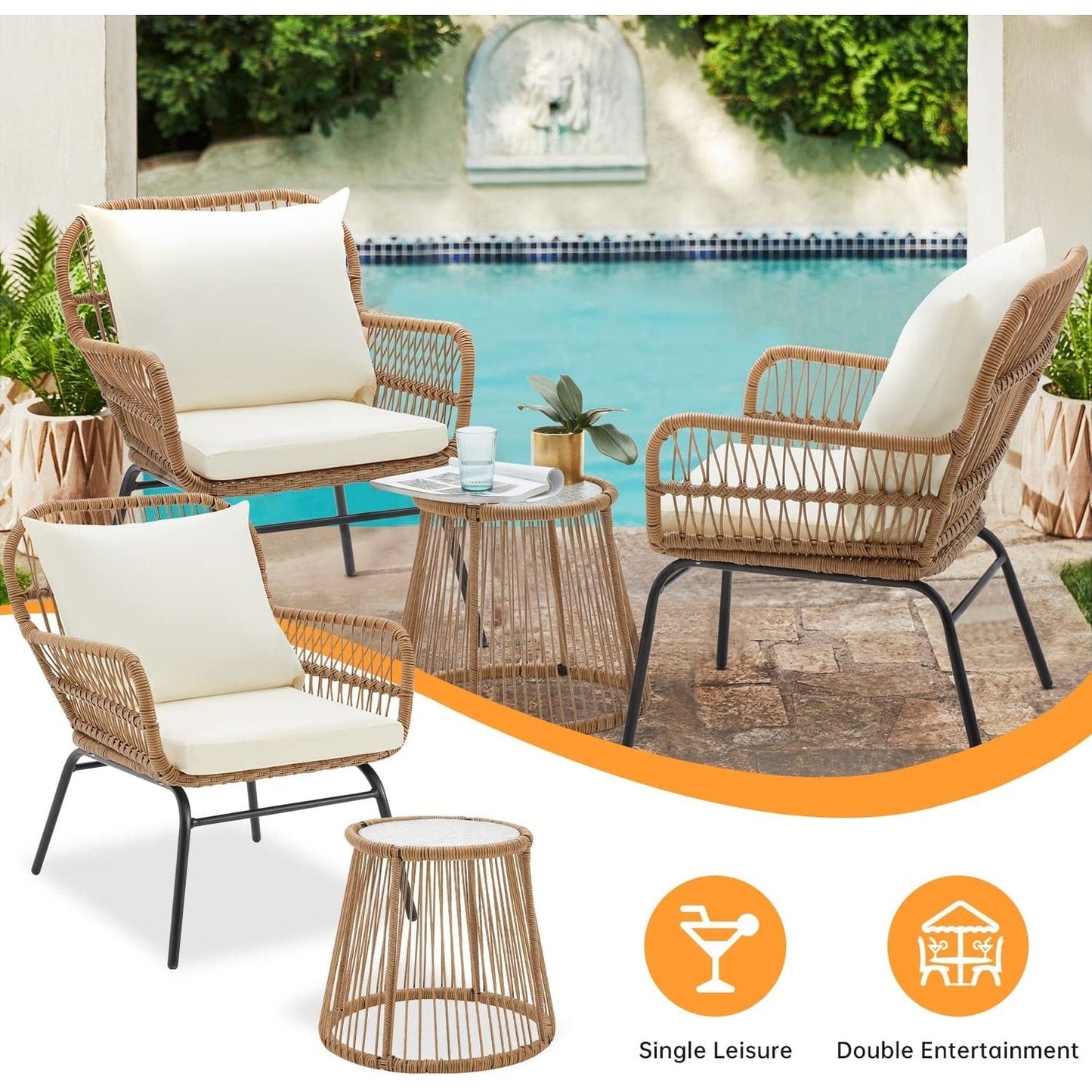 Set da conversazione per patio EROMMY da 3 pezzi con tavolo in vetro e 2 poltrone, cuscini per seduta