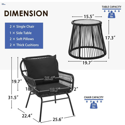 Set da conversazione per patio EROMMY da 3 pezzi con tavolo in vetro e 2 poltrone, cuscini per seduta