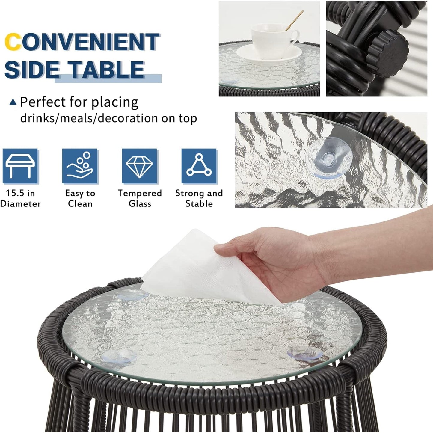 Set da conversazione per patio EROMMY da 3 pezzi con tavolo in vetro e 2 poltrone, cuscini per seduta