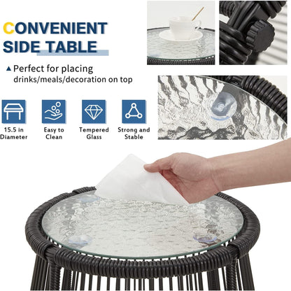 Set da conversazione per patio EROMMY da 3 pezzi con tavolo in vetro e 2 poltrone, cuscini per seduta