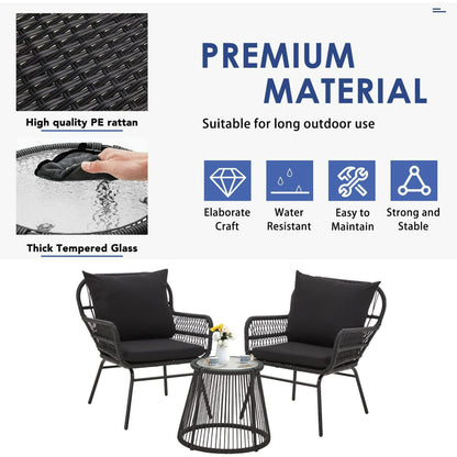 Set da conversazione per patio EROMMY da 3 pezzi con tavolo in vetro e 2 poltrone, cuscini per seduta