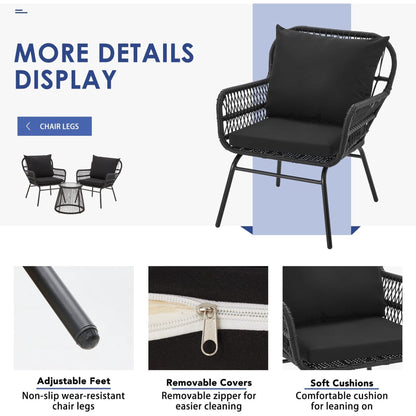 Set da conversazione per patio EROMMY da 3 pezzi con tavolo in vetro e 2 poltrone, cuscini per seduta