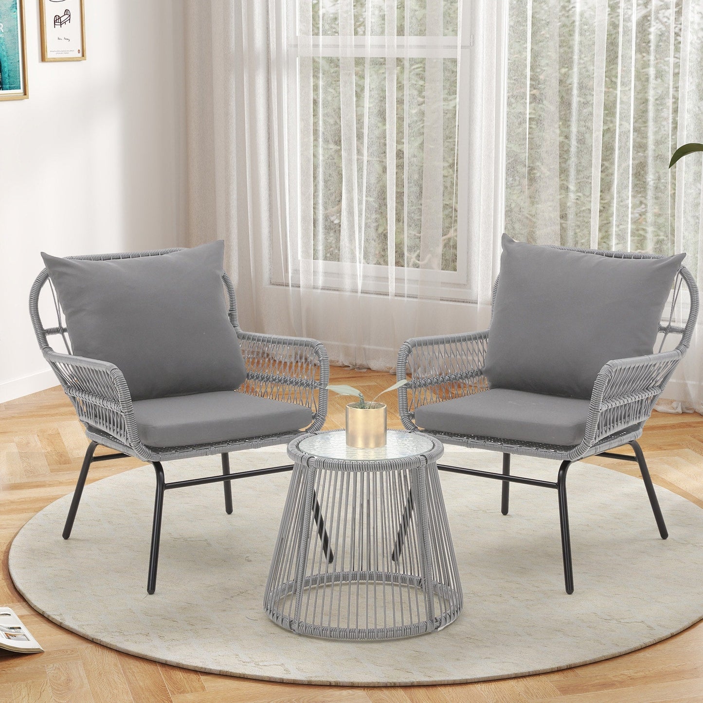 Set da conversazione per patio EROMMY da 3 pezzi con tavolo in vetro e 2 poltrone, cuscini per seduta