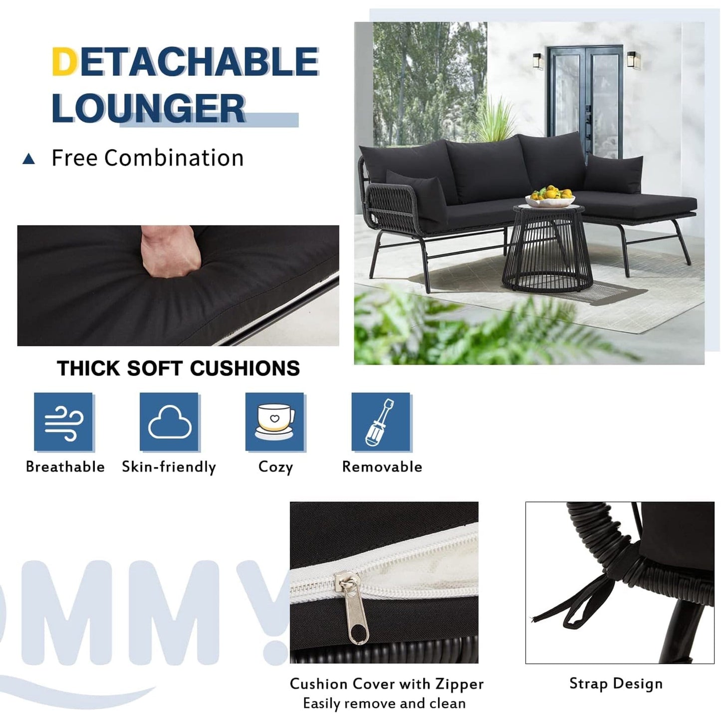 Set da conversazione per patio EROMMY da 3 pezzi con tavolo in vetro e 2 poltrone, cuscini per seduta