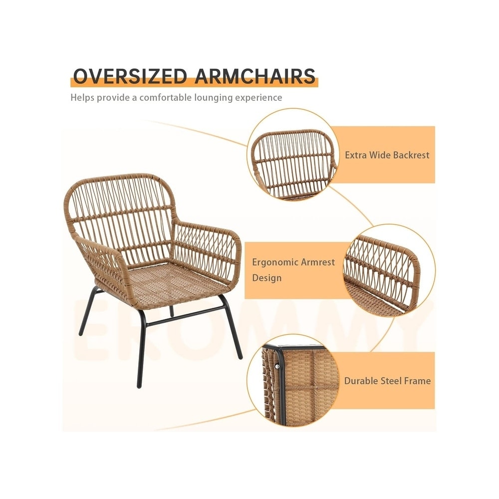 Set da conversazione per patio EROMMY da 3 pezzi con tavolo in vetro e 2 poltrone, cuscini per seduta