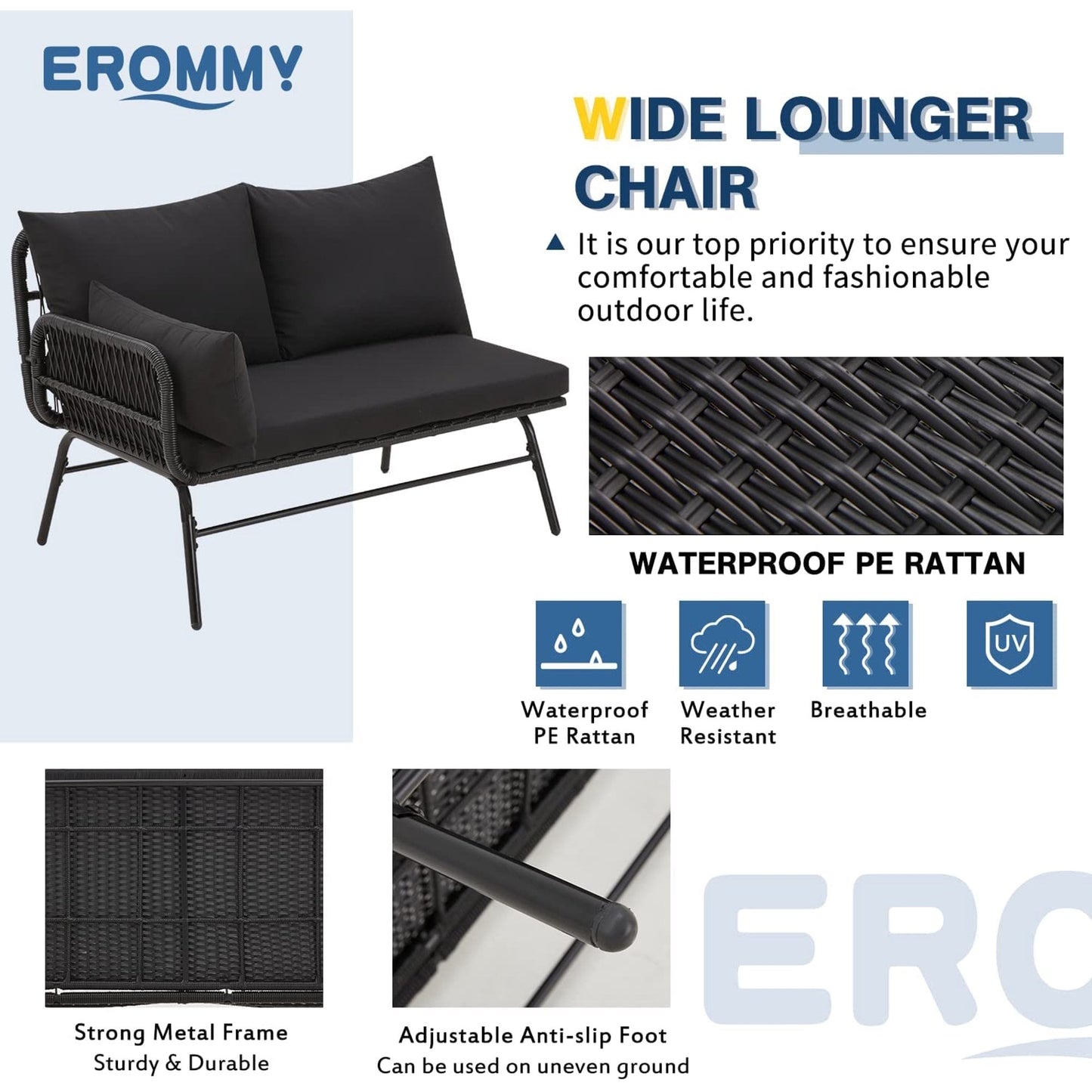 Set da conversazione per patio EROMMY da 3 pezzi con tavolo in vetro e 2 poltrone, cuscini per seduta