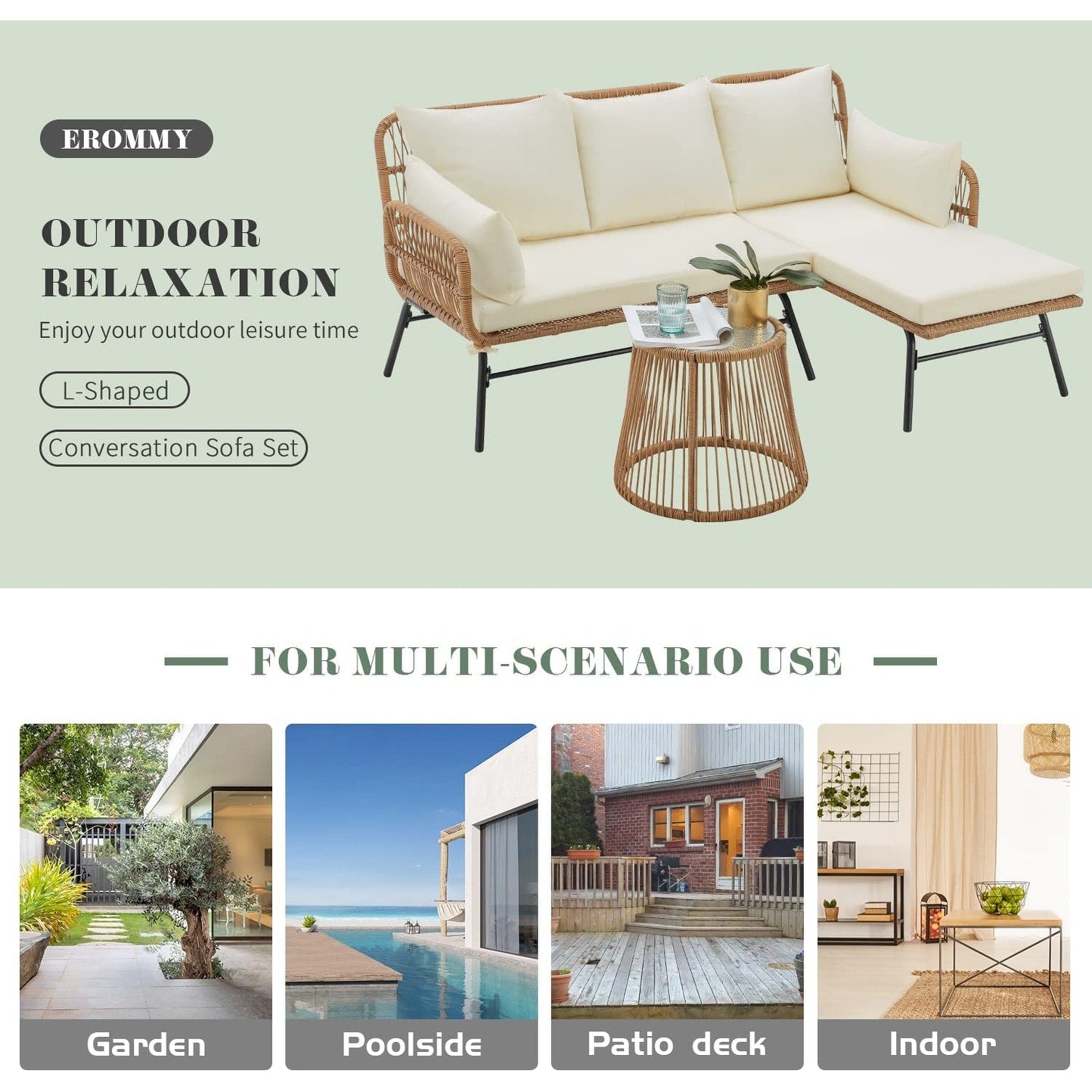 Set da conversazione per patio EROMMY da 3 pezzi con tavolo in vetro e 2 poltrone, cuscini per seduta