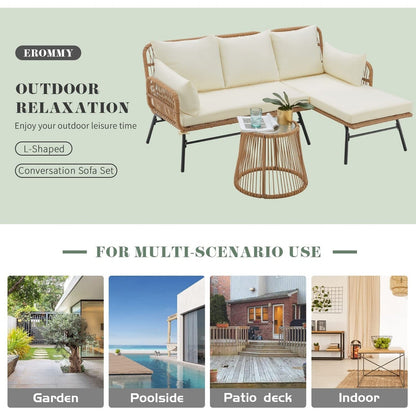 Set da conversazione per patio EROMMY da 3 pezzi con tavolo in vetro e 2 poltrone, cuscini per seduta